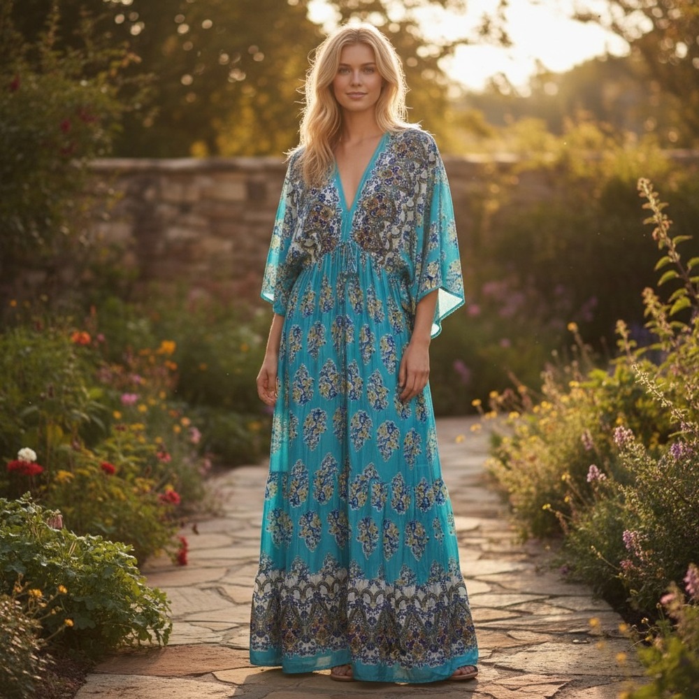 Women's Free Size Turquoise Boho Maxi Dress V-Neck Tassel Tie Kimono Sleeve‎